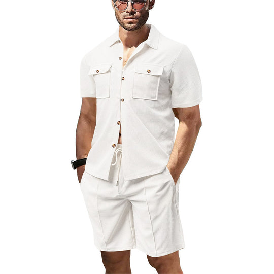 Herren nan modernes Kurzarm-Hemden-Set im Resortstil mit aufgesetzten Pattentaschen, offenem Reverskragen und Kordelzug-Bermuda aus Strukturjersey EB