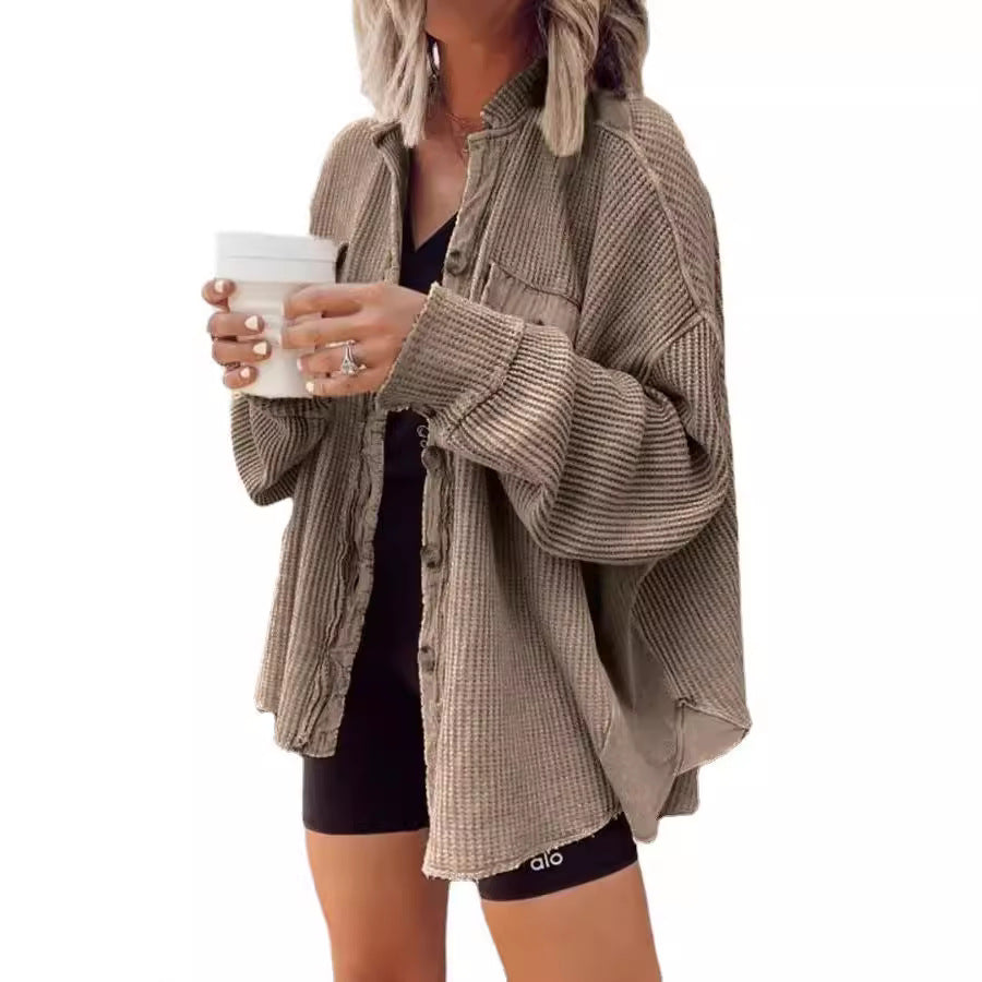 Damen Lässiges Overshirt mit Struktur und Druckknopfverschluss EB