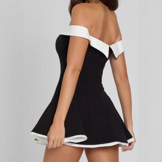 Damen Off-Shoulder Minikleid mit voluminösem Rock und elegantem V-Ausschnitt EB