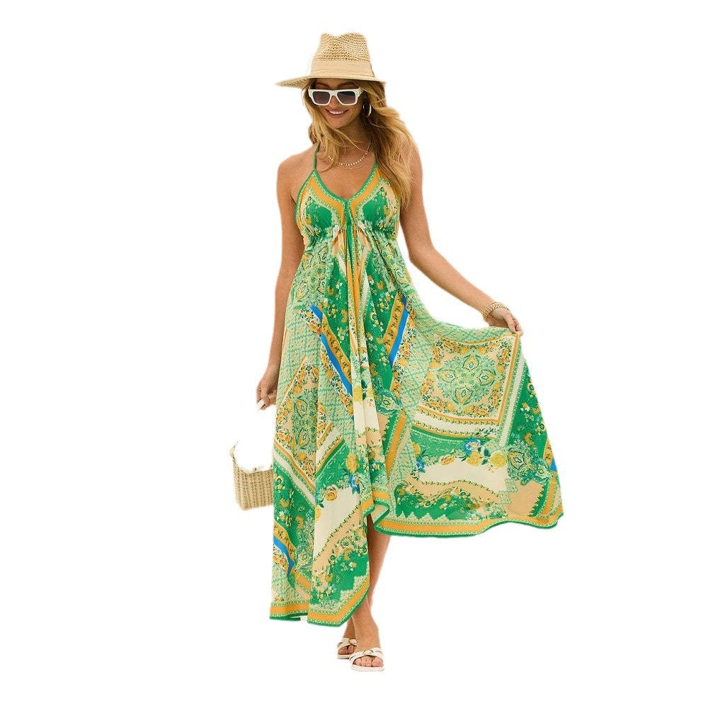Damen Luftiges Maxikleid mit verspieltem Halterneck-Design und floralen Akzenten EB
