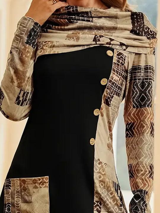 Damen modisches Tunika-Kleid mit kunstvollem Patchwork-Design und Knopfdetails EB