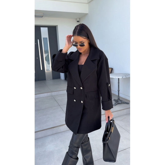 Damen modischer Oversized-Baumwollblazer mit doppelter Knopfleiste und praktischen Taschen EB
