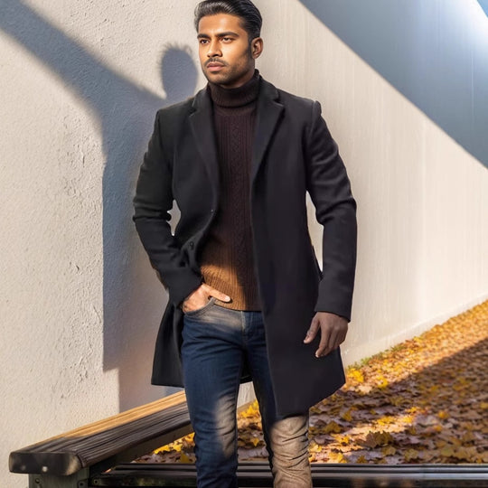 Herren nan midilanger Wollmix Mantel mit schlanker Silhouette und eleganter Knopfreihe EB