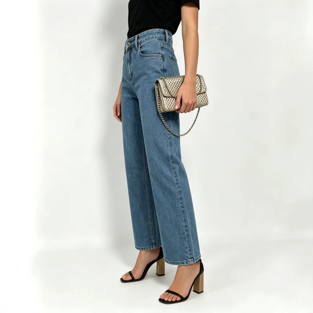 Damen nan hochgeschnittene Straight-Leg-Jeans mit geradem Bein und dezenter Vintage-Waschung EB