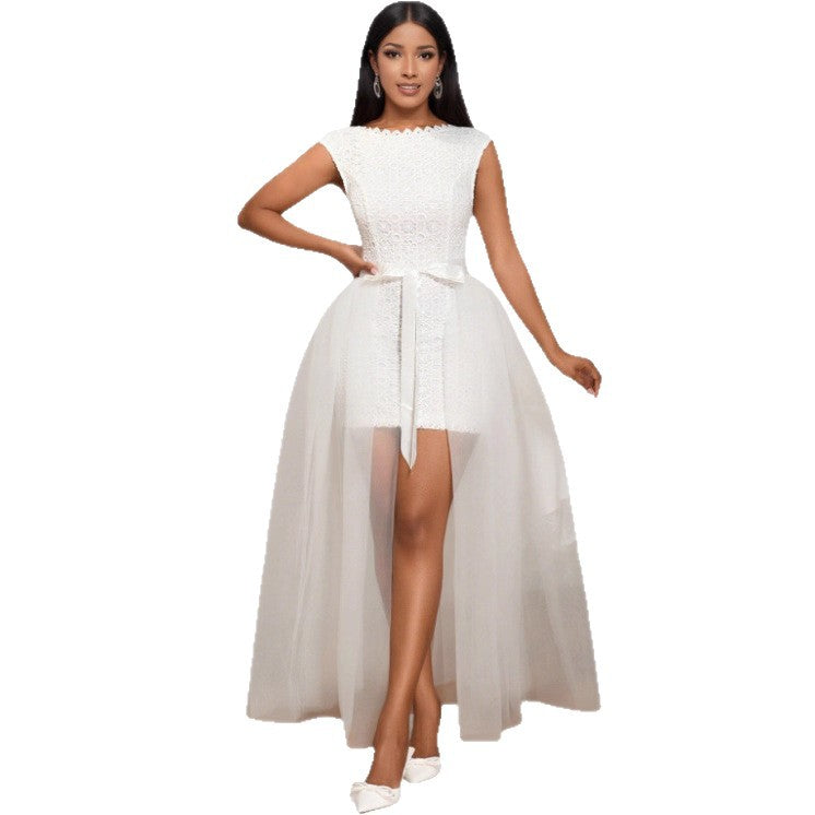 Damen Midi-Brautkleid mit verziertem Oberteil und transparentem Tüll Überrock EB