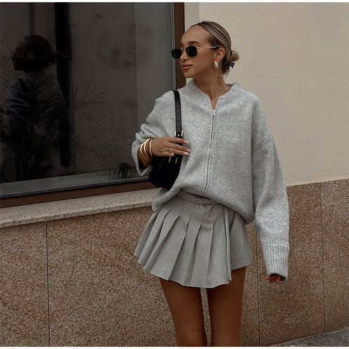 Damen lässige Strickjacke mit hohem Kragen und Reißverschluss EB