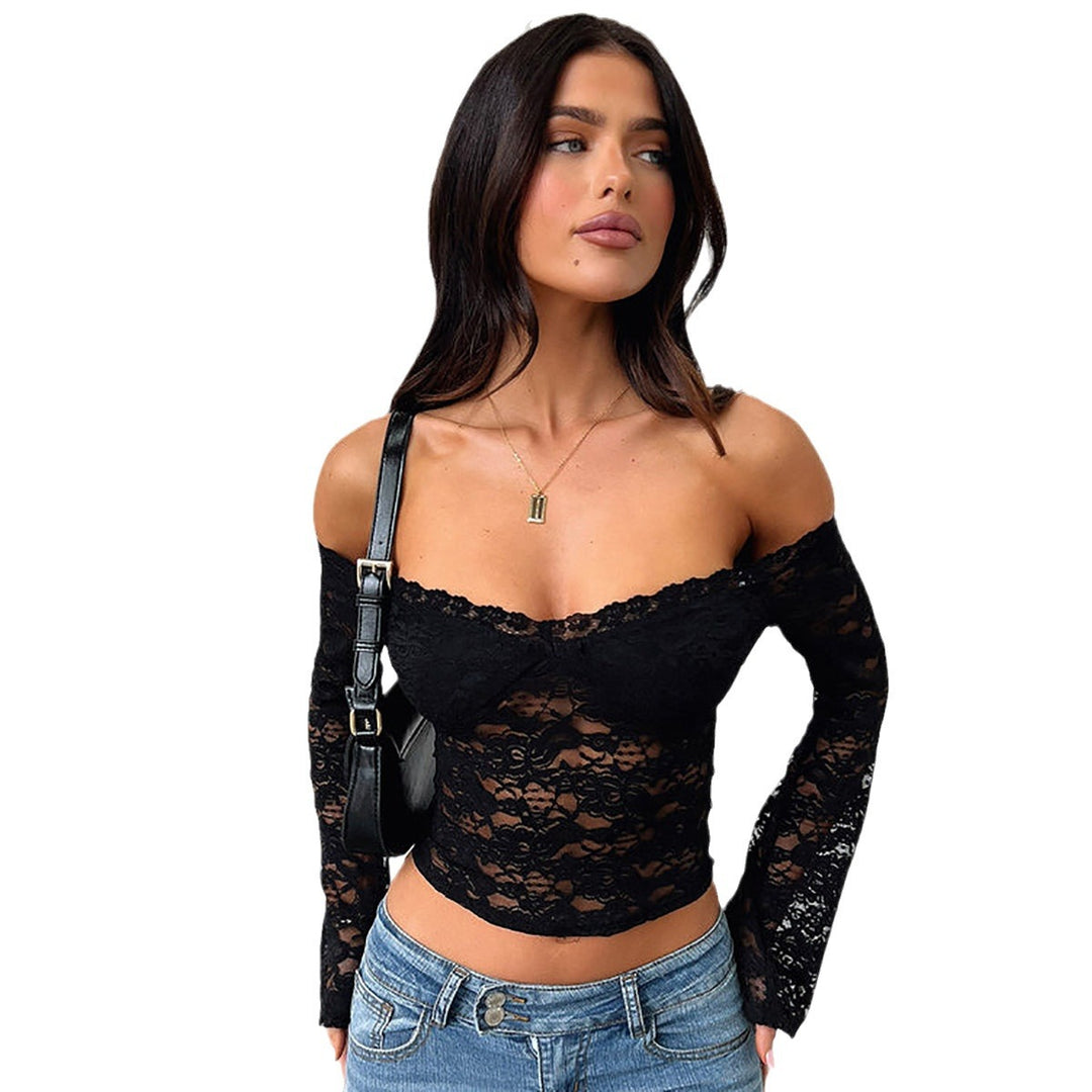 Damen Spitzentop mit Schulterfreiem Design und Volantärmeln EB