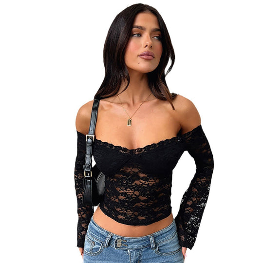 Damen Spitzentop mit Schulterfreiem Design und Volantärmeln EB
