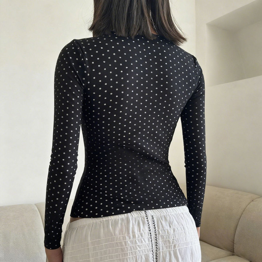Damen nan taillierte Wickelbluse mit Polka‑Dot Muster, tiefem V‑Ausschnitt und breitem Taillenband EB
