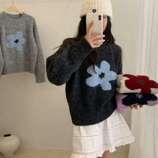 Damen Pullover mit floralem Design und hochflorigem Material EB