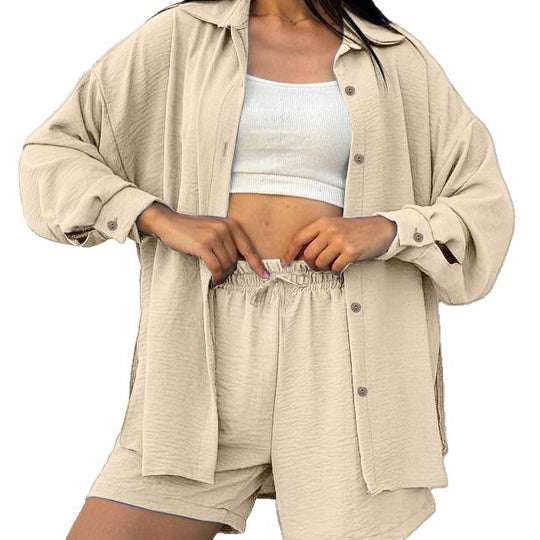 Damen lässiges Kurzarm-Set mit geknöpfter Bluse und bequemen Shorts EB