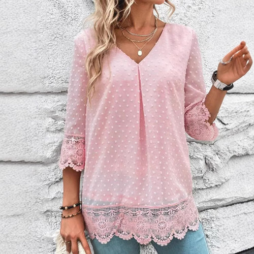 Damen Bluse mit Spitzenbesatz und gepunktetem Design Heidi-Mode
