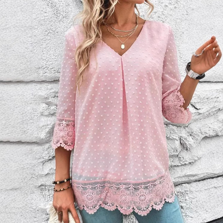 Damen nan feminine Chiffon-Tunika mit Pünktchenrelief, V-Ausschnitt und Häkelspitzenbesatz EB