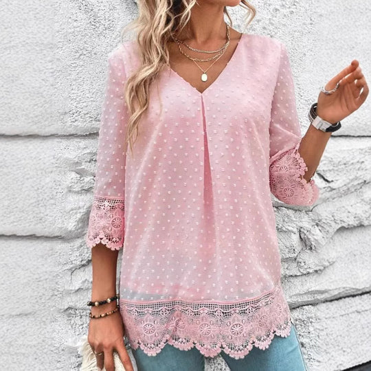Damen nan feminine Chiffon-Tunika mit Pünktchenrelief, V-Ausschnitt und Häkelspitzenbesatz EB