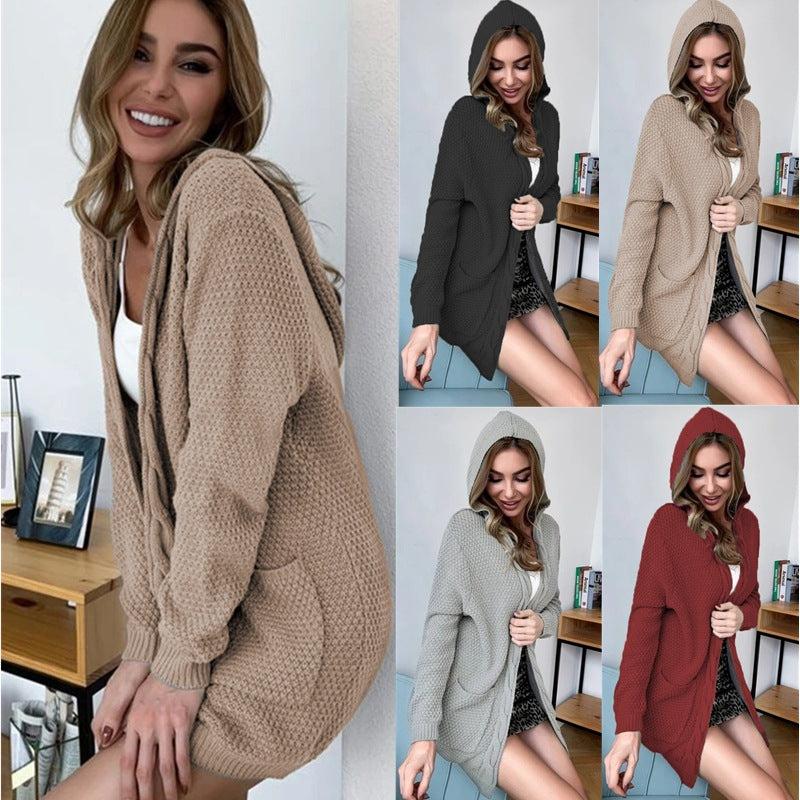 Damen Strickmantel mit Kapuze und großen Taschen EB