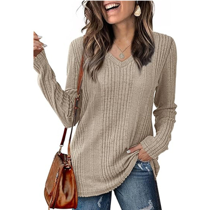 Damen modischer V-Ausschnitt Pullover mit Rippstruktur EB