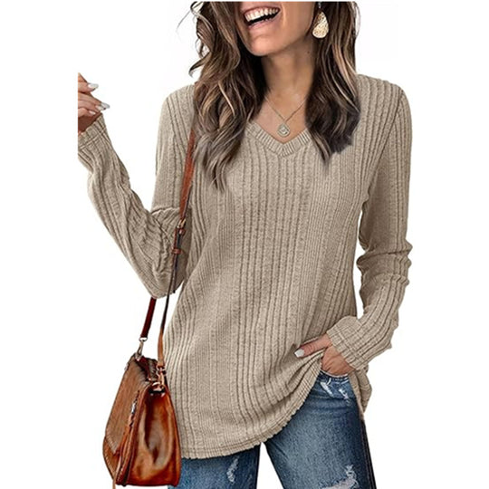 Damen modischer V-Ausschnitt Pullover mit Rippstruktur EB