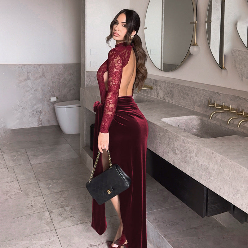 Damen Elegantes Spitzen- und Samt-Abendkleid mit hohem Schlitz und dekorativem Gürtel EB