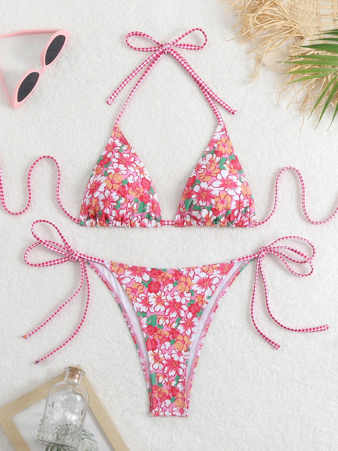 Damen Triangel-Bikini-Set mit verspieltem Blumenmuster und feinen Bindebändern EB