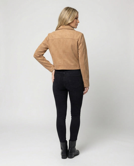 Damen Bekleidungsgeschäft kurz geschnittene Reißverschlussjacke mit Hemdkragen und taillierter Silhouette aus Wildlederimitat EB