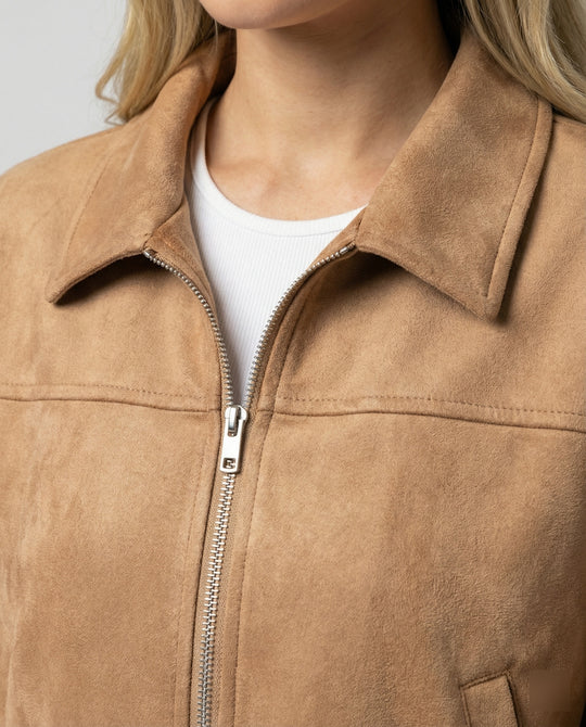 Damen Bekleidungsgeschäft kurz geschnittene Reißverschlussjacke mit Hemdkragen und taillierter Silhouette aus Wildlederimitat EB