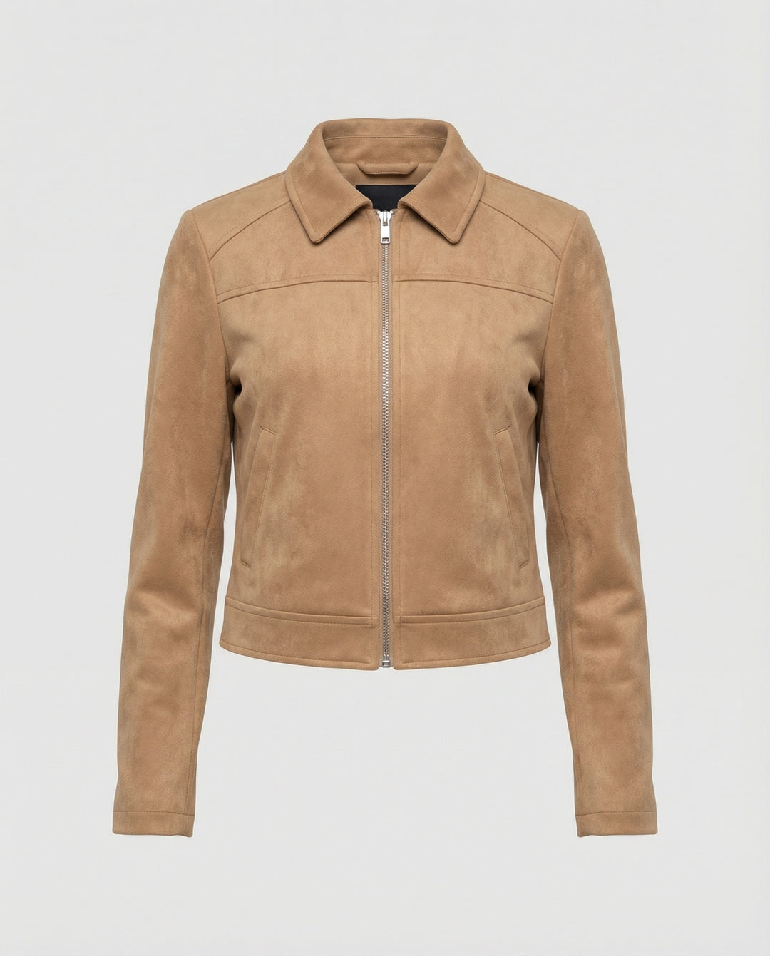 Damen Bekleidungsgeschäft kurz geschnittene Reißverschlussjacke mit Hemdkragen und taillierter Silhouette aus Wildlederimitat EB