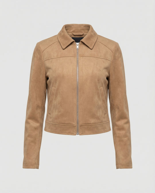 Damen Bekleidungsgeschäft kurz geschnittene Reißverschlussjacke mit Hemdkragen und taillierter Silhouette aus Wildlederimitat EB