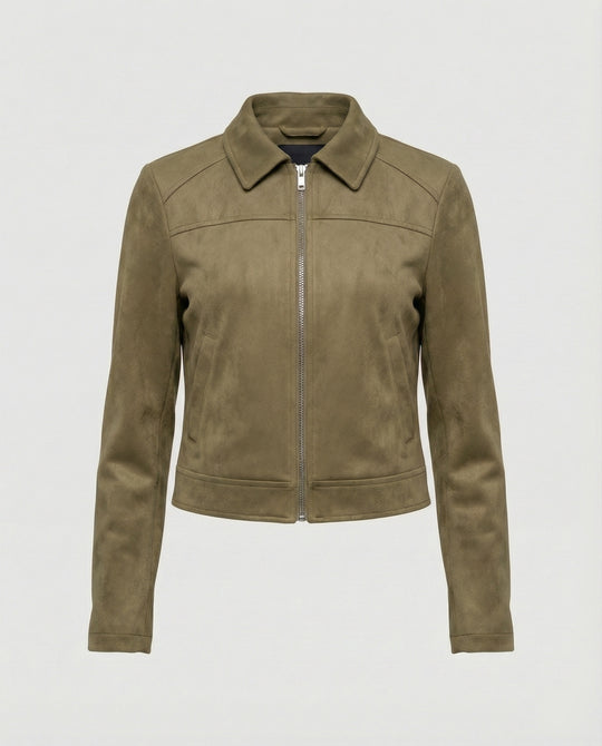 Damen Bekleidungsgeschäft kurz geschnittene Reißverschlussjacke mit Hemdkragen und taillierter Silhouette aus Wildlederimitat EB