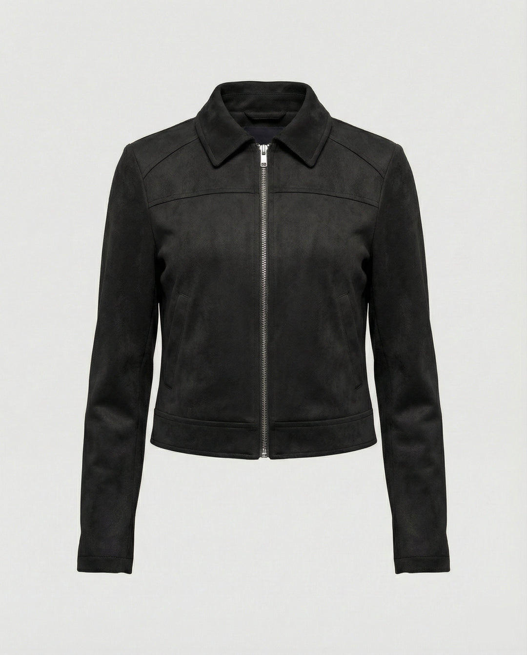 Damen Bekleidungsgeschäft kurz geschnittene Reißverschlussjacke mit Hemdkragen und taillierter Silhouette aus Wildlederimitat EB