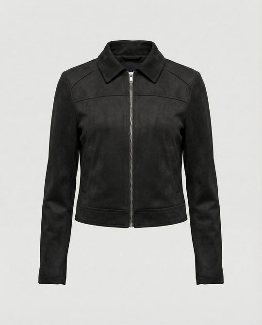 Damen Bekleidungsgeschäft kurz geschnittene Reißverschlussjacke mit Hemdkragen und taillierter Silhouette aus Wildlederimitat EB