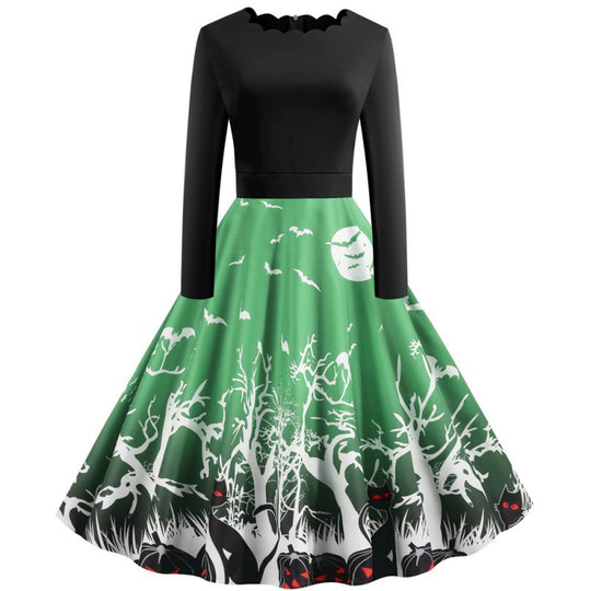 Damen Vintage Swingkleid mit gewelltem Ausschnitt, tailliertem Oberteil und Halloween-Print EB