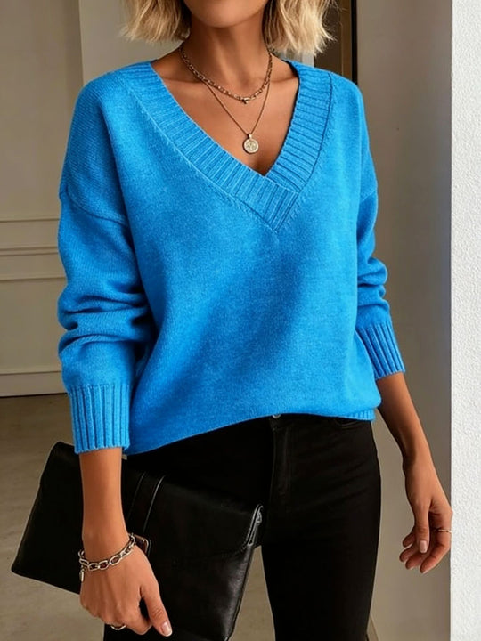 Damen Feinstrickpullover mit tiefem V-Ausschnitt und überschnittener Schulter EB