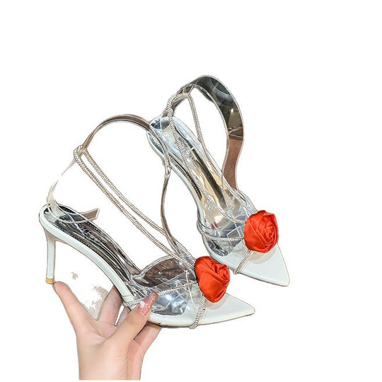 Damen Transparente High Heel Sandalen mit eleganten Blütenapplikationen EB