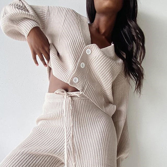 Damen geripptes Strick-Zweiteiler Set mit Cropped-Cardigan, Kordelzug-Hochbundhose und Komfortpassform EB