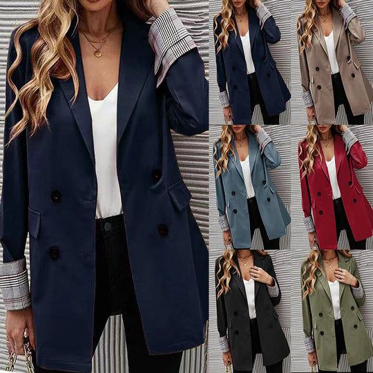 Damen Eleganter Doppelreiher Blazer mit kariertem Detail EB