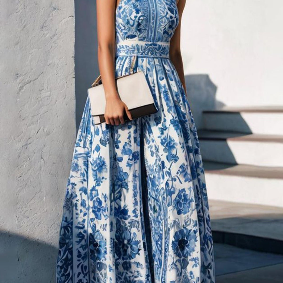 Damen Maxikleid mit floralem Kragen und ausgestelltem Rock EB