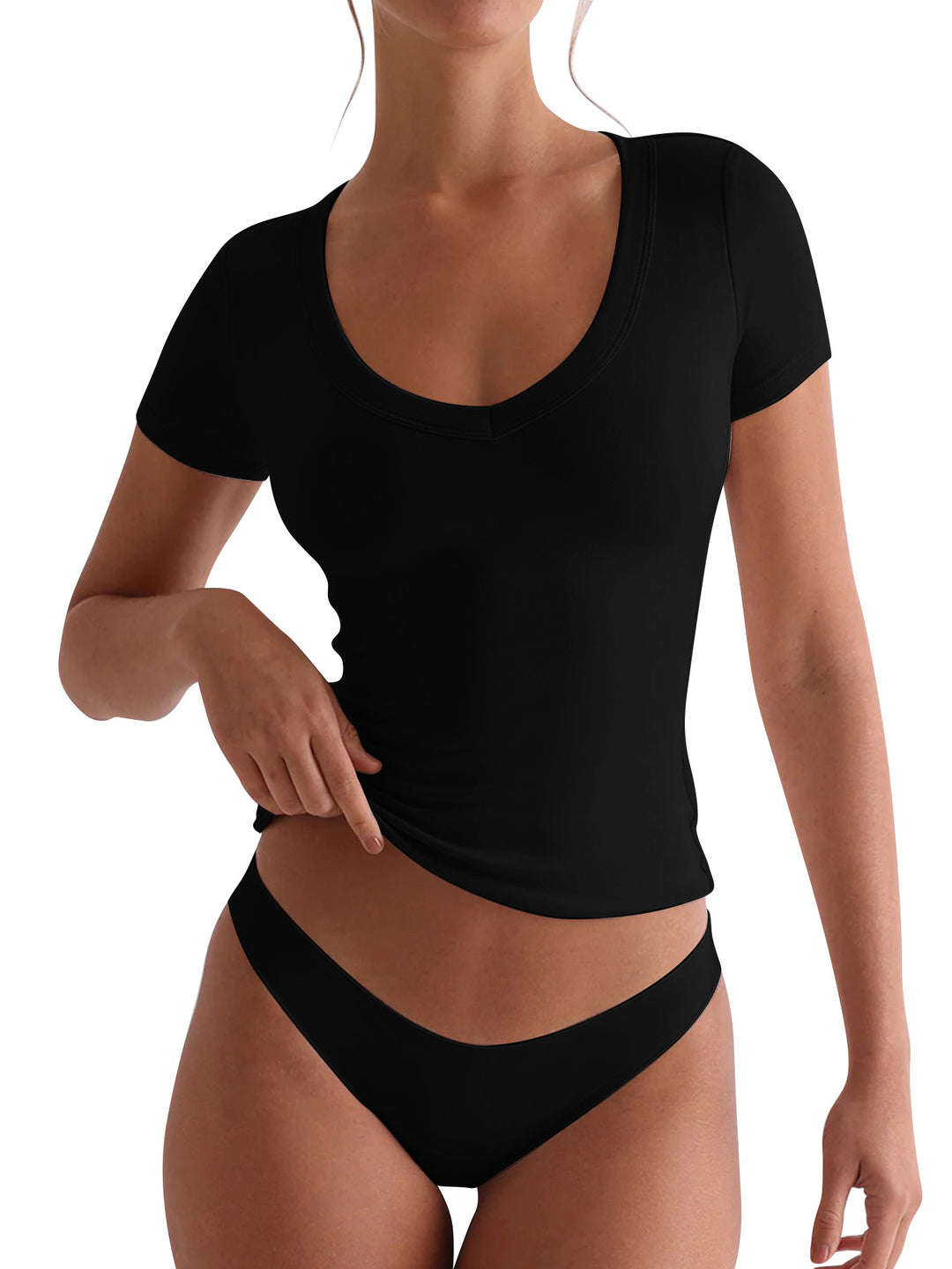 Damen figurbetontes V-Neck T-Shirt mit kurzen Ärmeln EB