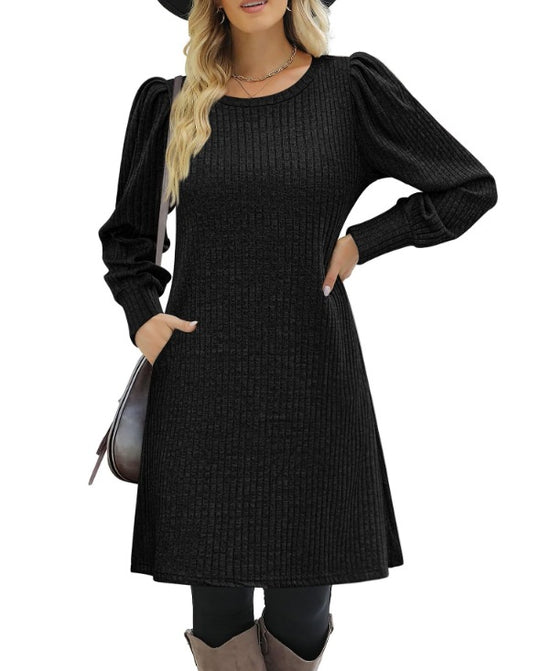 Damen nan gestricktes A-Linien Strickkleid mit Puffärmeln EB