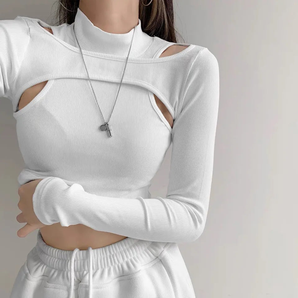 Damen trendiges Oberteil mit Cut-Outs und hohem Kragen EB