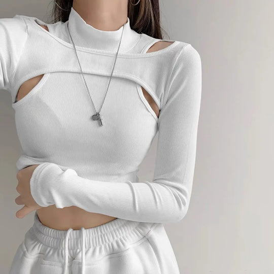 Damen trendiges Oberteil mit Cut-Outs und hohem Kragen EB