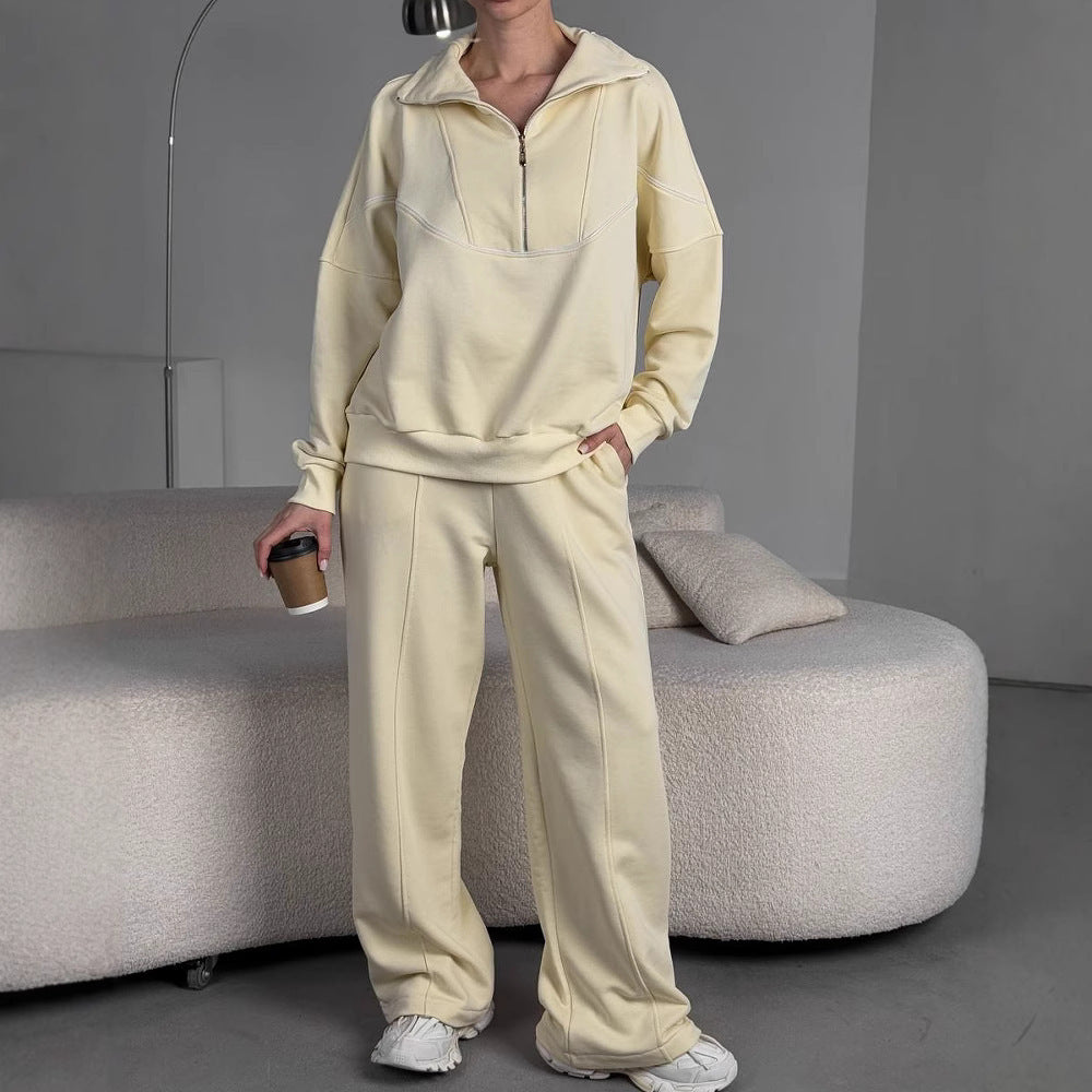 Damen Lockeres Loungewear-Set mit halbhohem Reißverschluss, überschnittenen Schultern und weiter Palazzohose EB