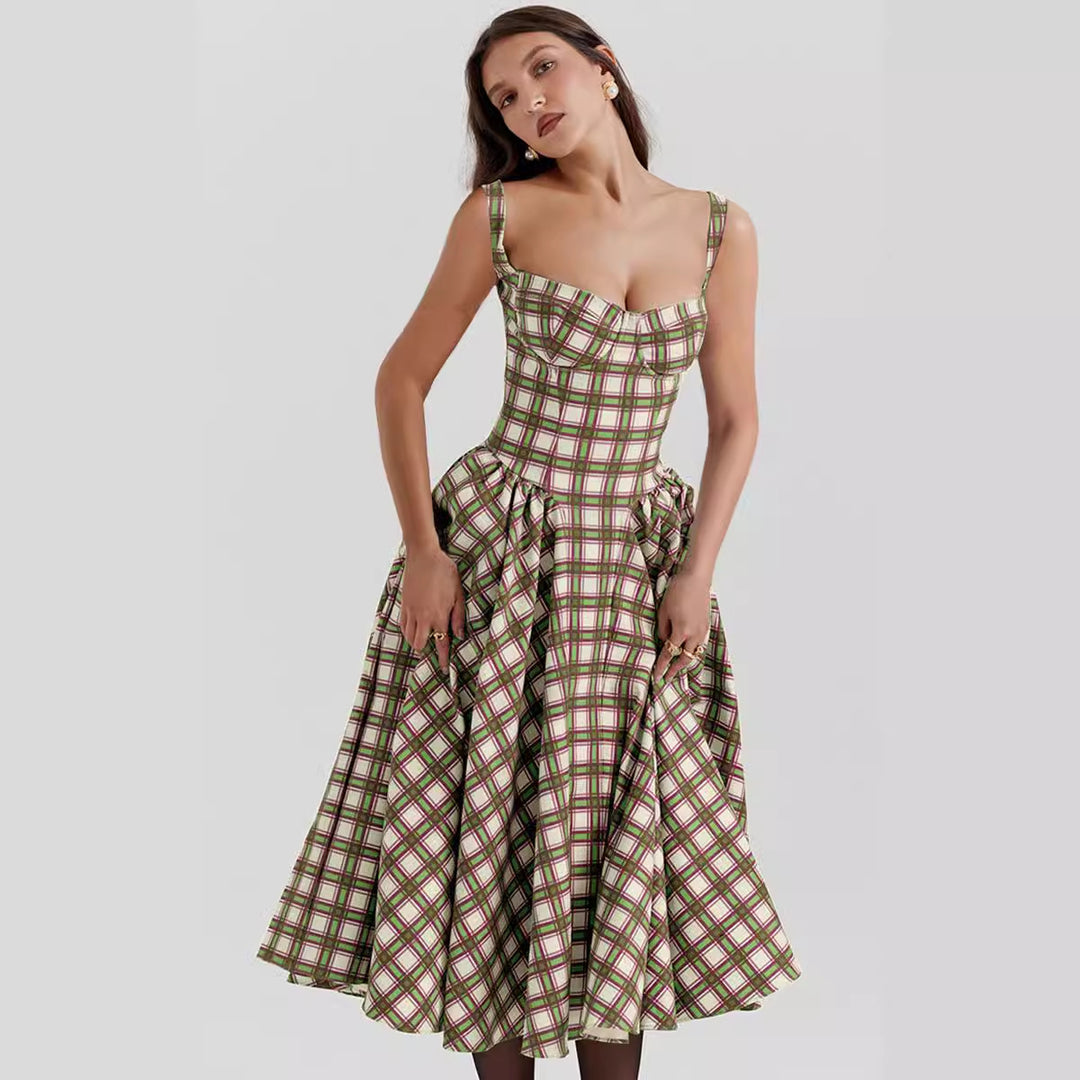 Damen Midikleid im Karomuster mit strukturiertem Oberteil und voluminösem Rock EB