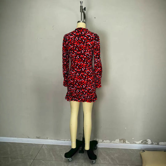 Damen elegantes Mini-Kleid mit Rüschendetails und hohem Kragen EB