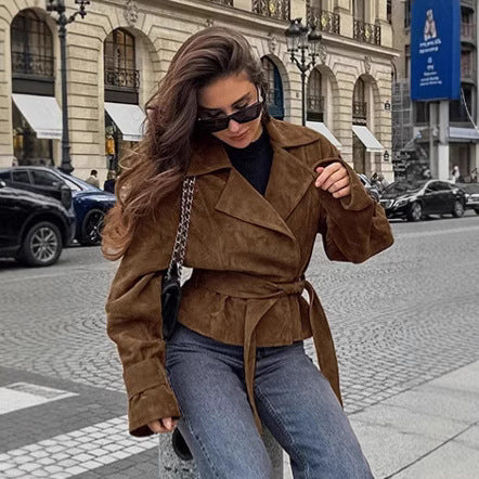 Damen Modische Suede-Blazerjacke mit tailliertem Design und Raffungen EB