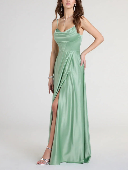 Damen Elegantes Abendkleid mit schimmerndem Satinfinish und tiefem Schlitz EB