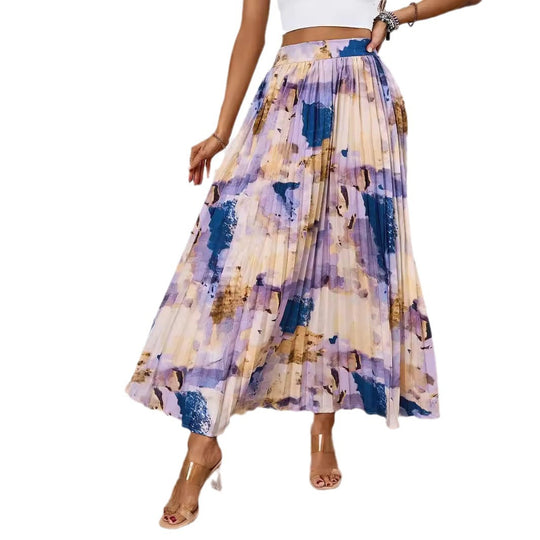 Damen Plissee-Rock mit farbenfrohem Aquarell-Muster und eleganter Taille EB