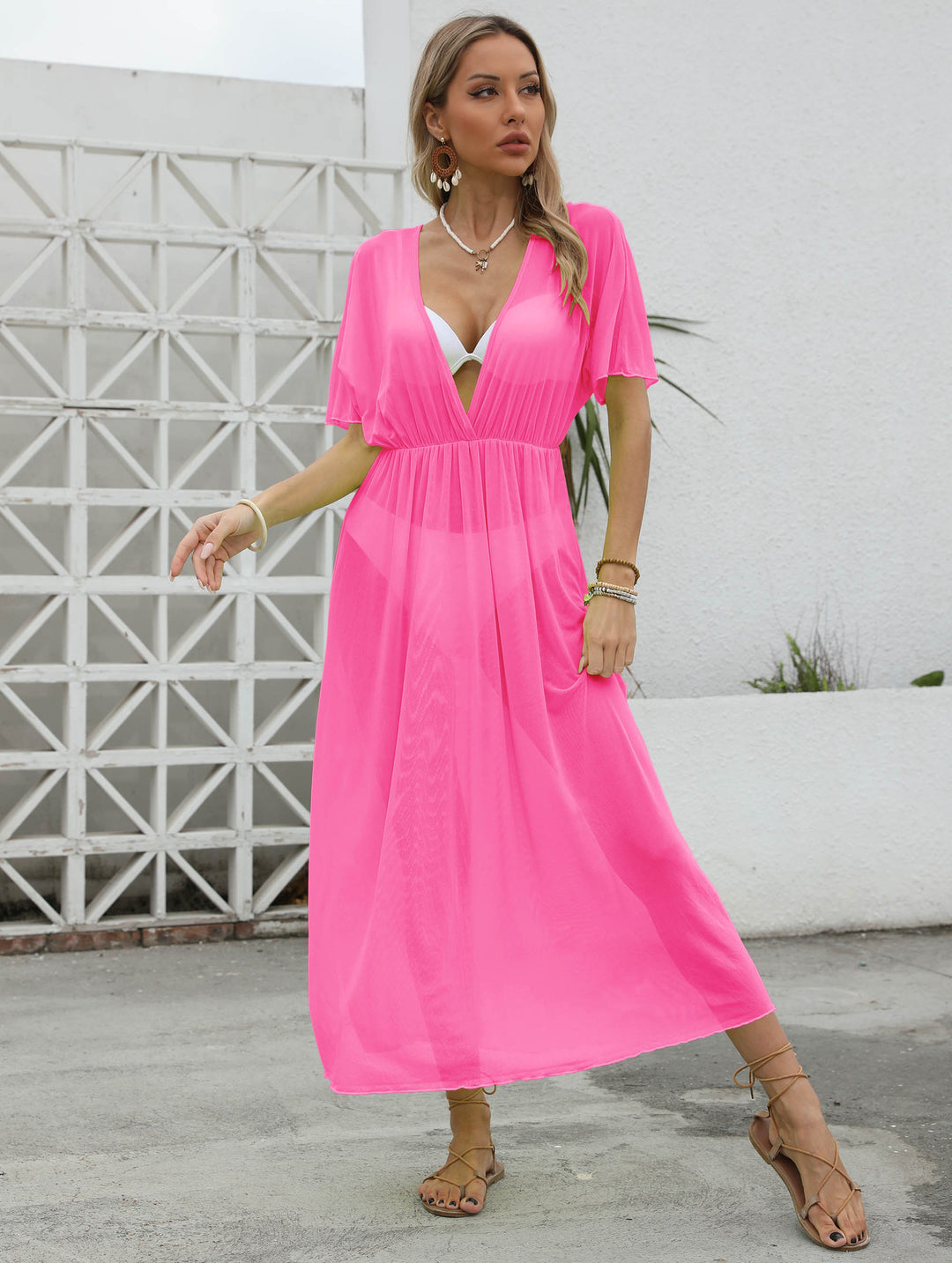 Damen elegantes Maxi-Kleid mit tiefem V-Ausschnitt und fließendem Rock EB