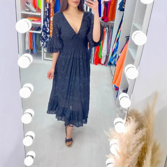 Damen Maxikleid mit floraler Lochstickerei und weiten Ärmeln EB