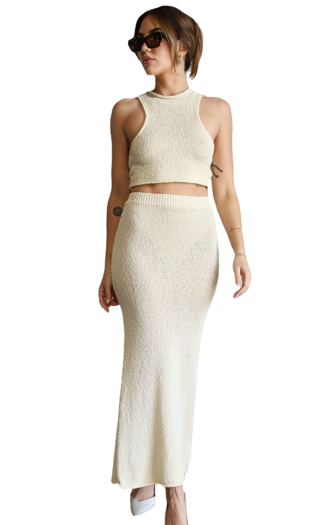 Damen elegantes Strick-Crop-Top und Maxirock-Set EB