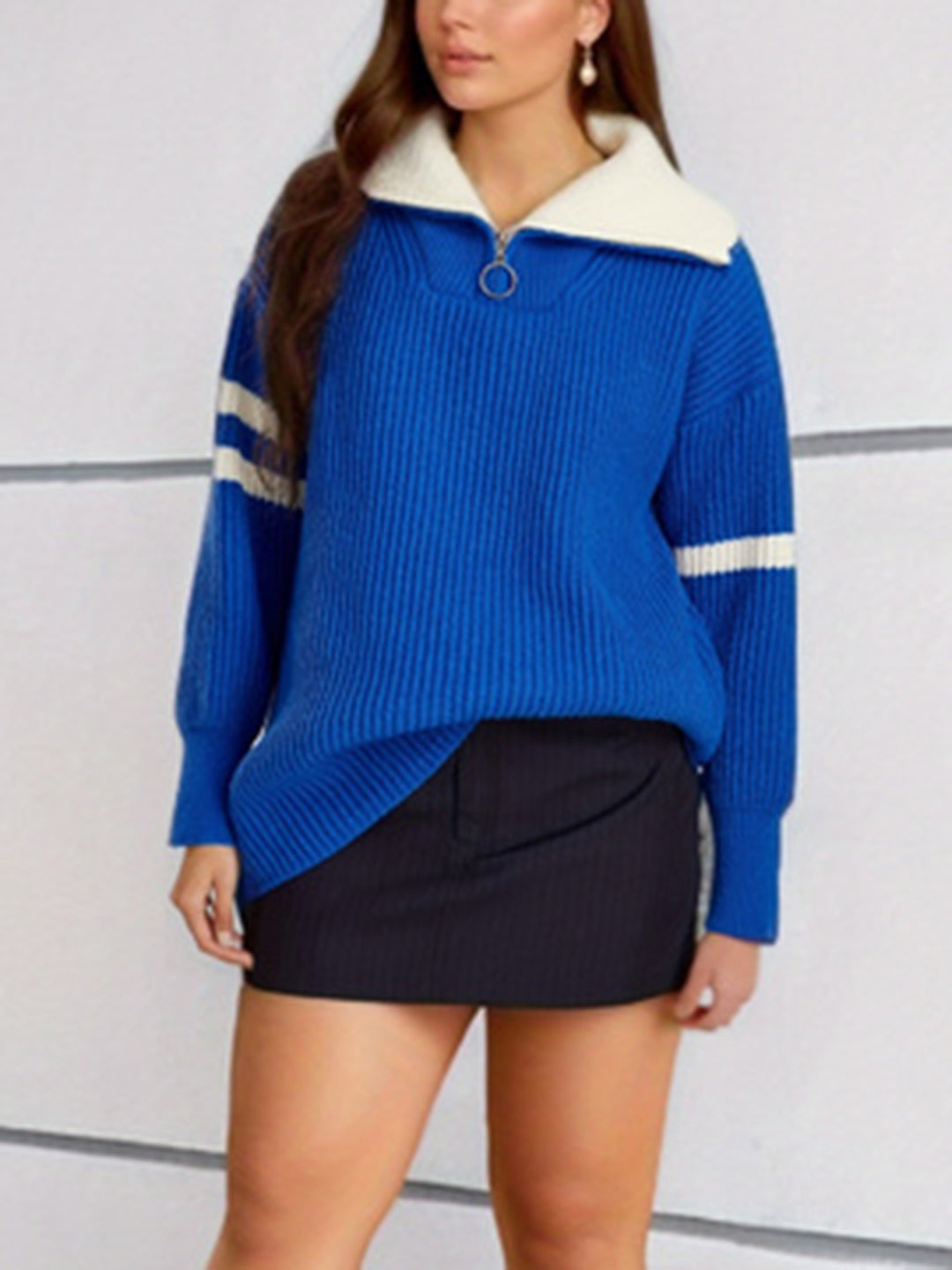 Damen lässiger Pullover im sportlichen Stil mit Stehkragen und Reißverschluss EB